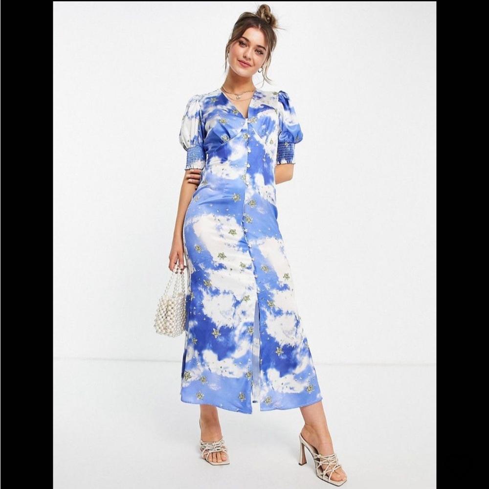 Never Fully Dressed NWT Puff-Sleeve
Midi Dress Gold Star Blue Sky Print